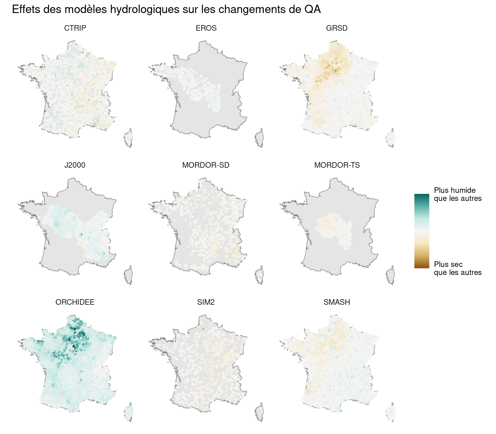 Effet propre de chaque modèle hydrologique sur le débit moyen annuel (QA).