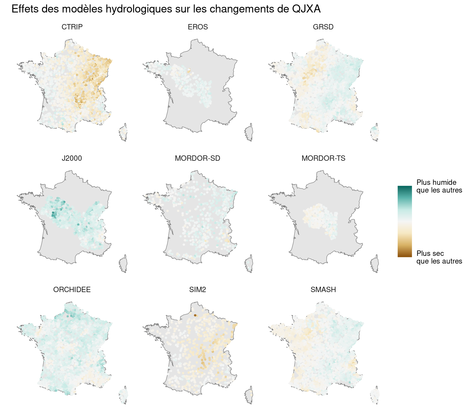 Effet propre de chaque modèle hydrologique sur le débit journalier maximal annuel (QJXA).