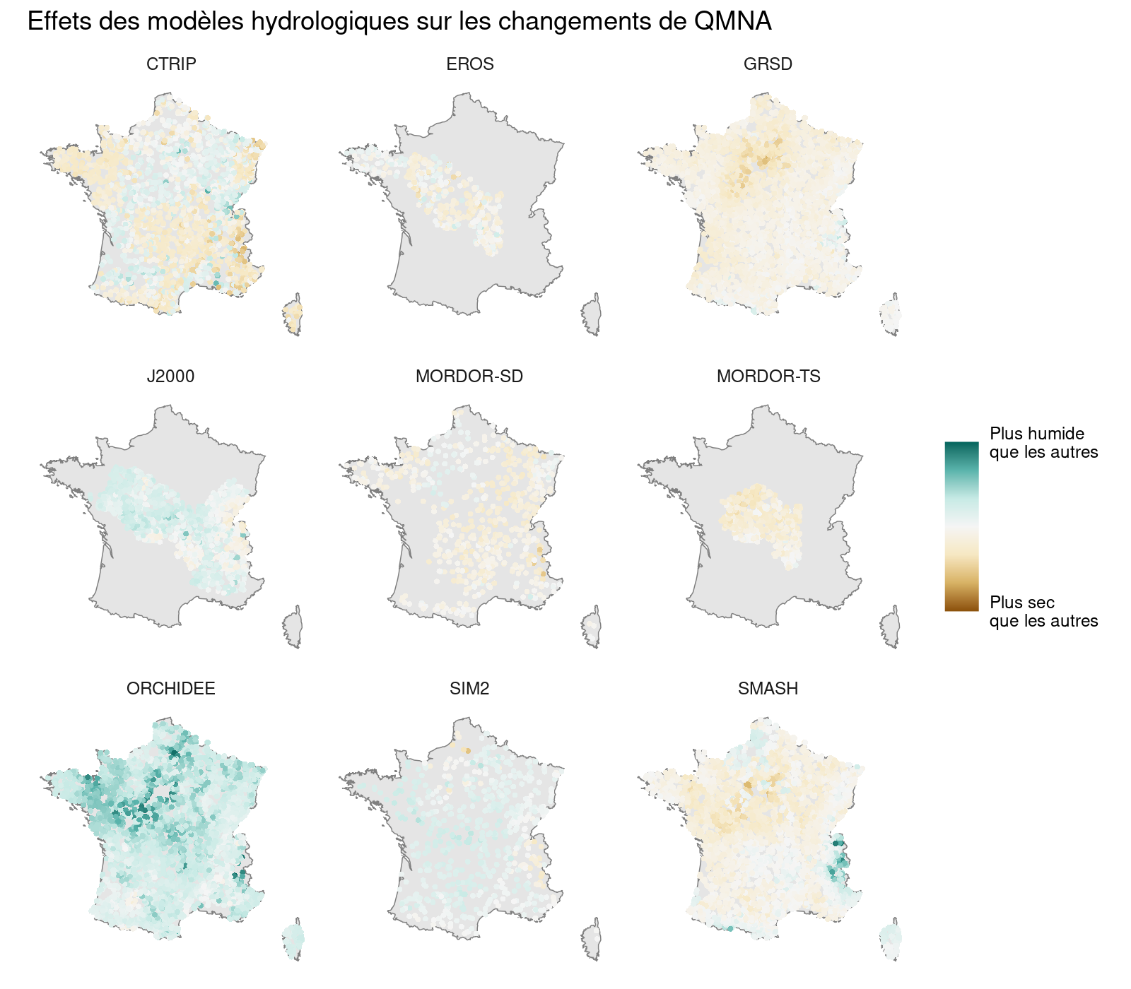 Effet propre de chaque modèle hydrologique sur le débit mensuel minimal annuel (QMNA).