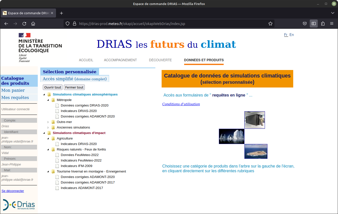 Page d'accueil du volet *Données et produits* du portail DRIAS les futurs du climat.