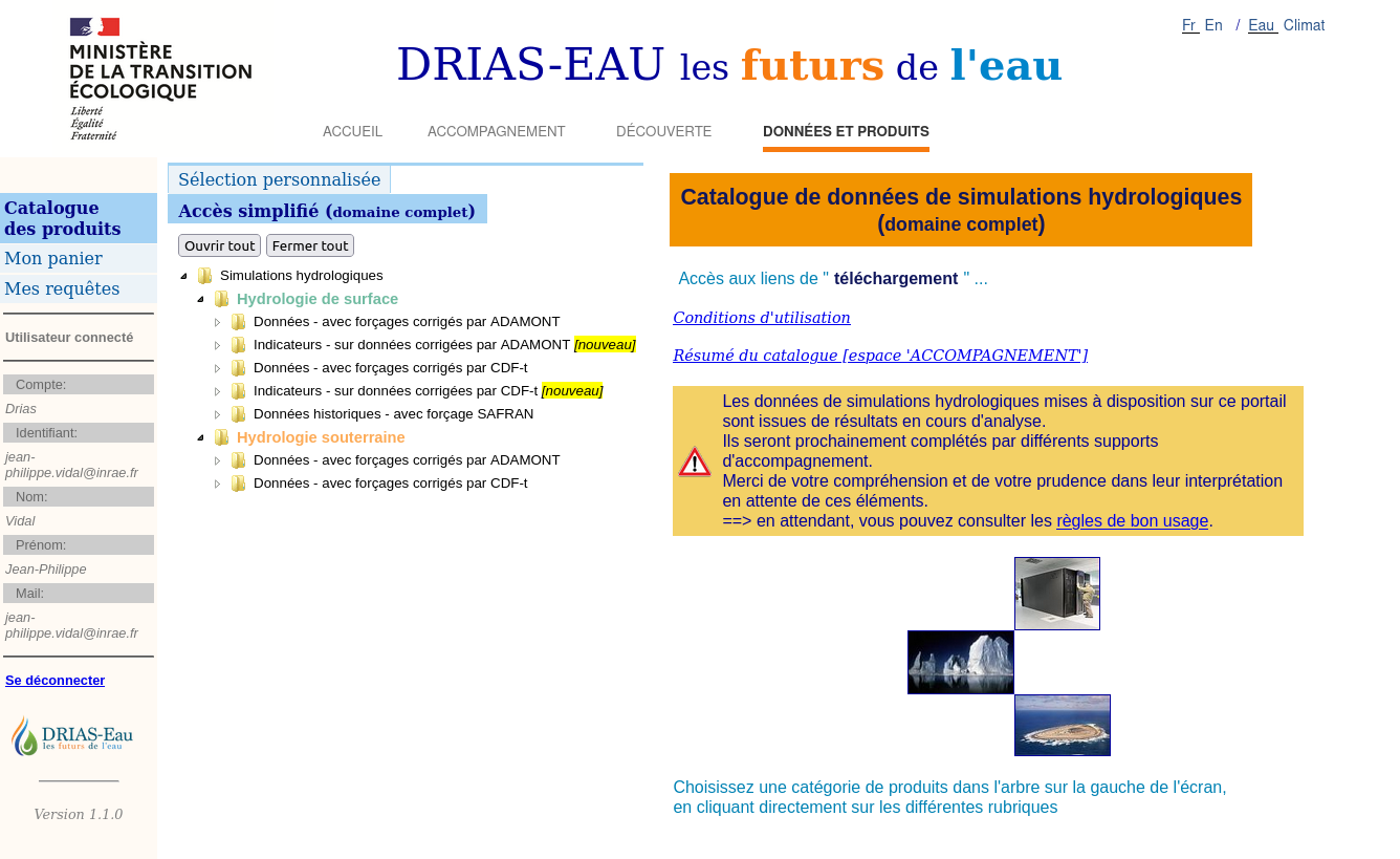 Page d'accueil de l'espace *Données et produits* du portail DRIAS les futurs de l'eau.