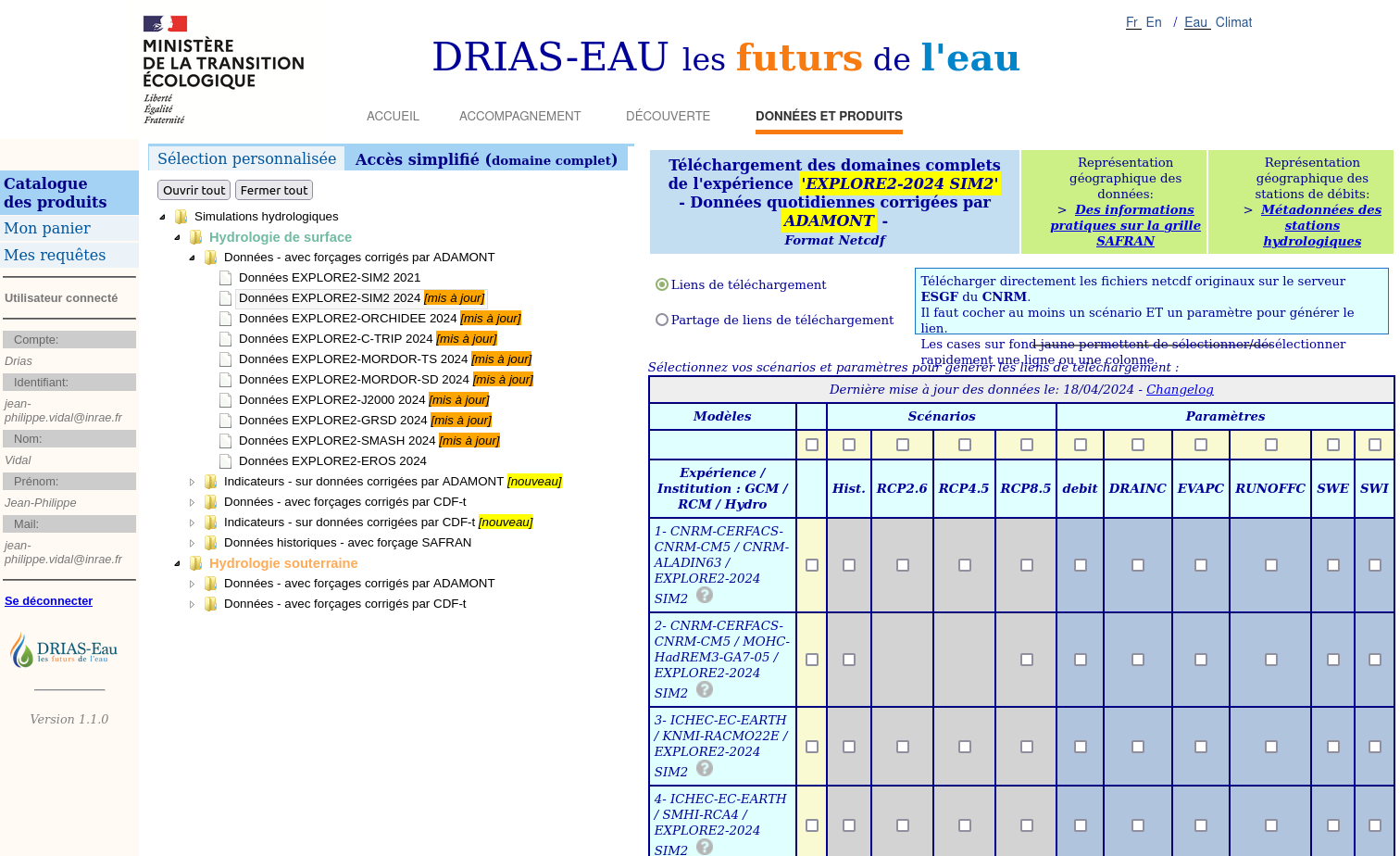  Interface d’accès aux projections hydrologiques journalières France entière.