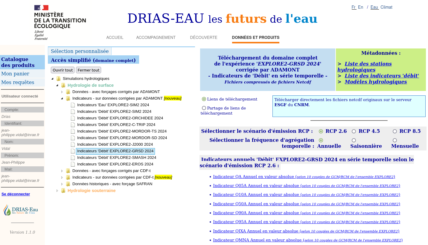  Interface d’accès aux chroniques d'indicateurs hydrologiques France entière.