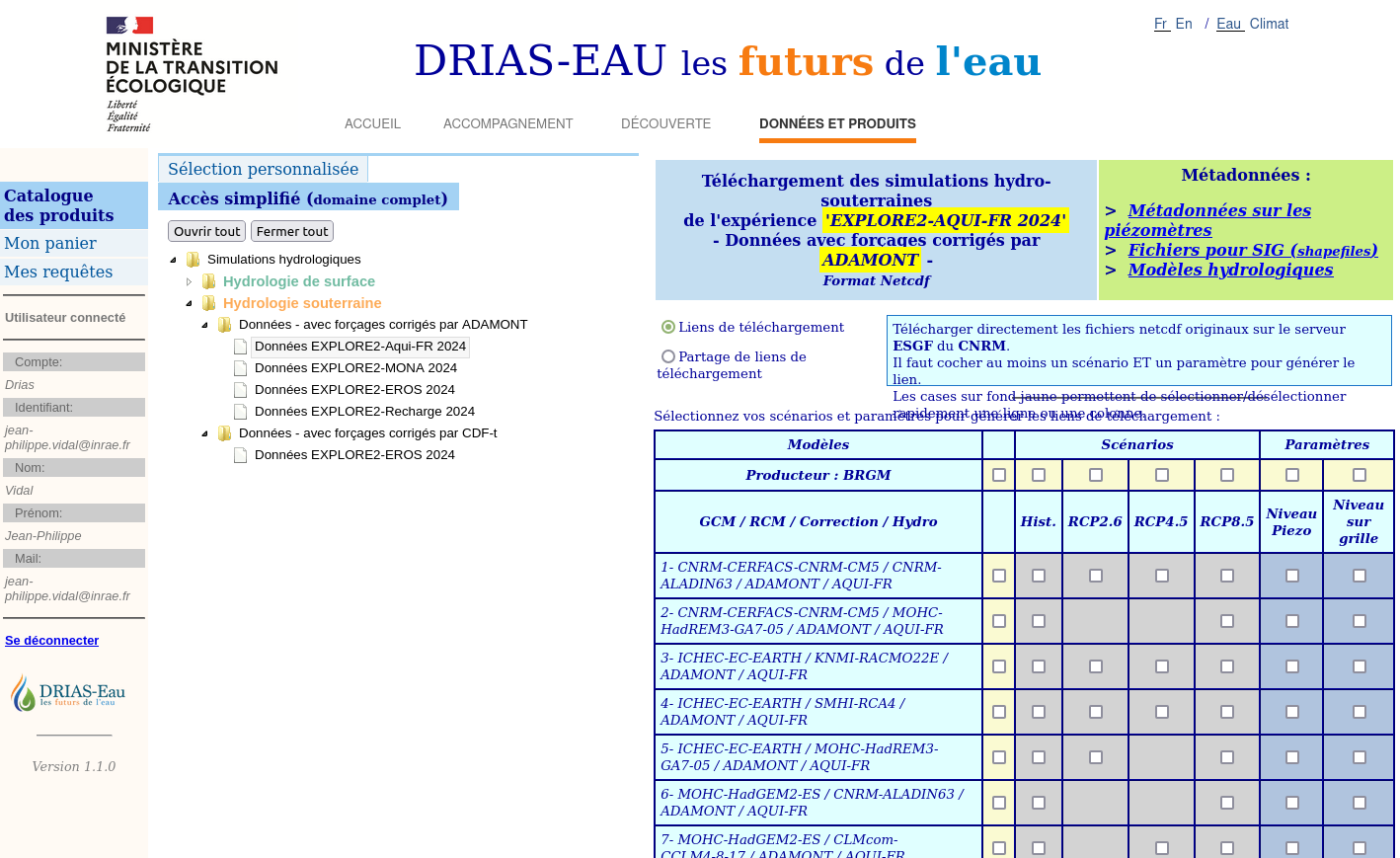  Interface d’accès aux chroniques des projections d'hydrologie souterraine France entière.